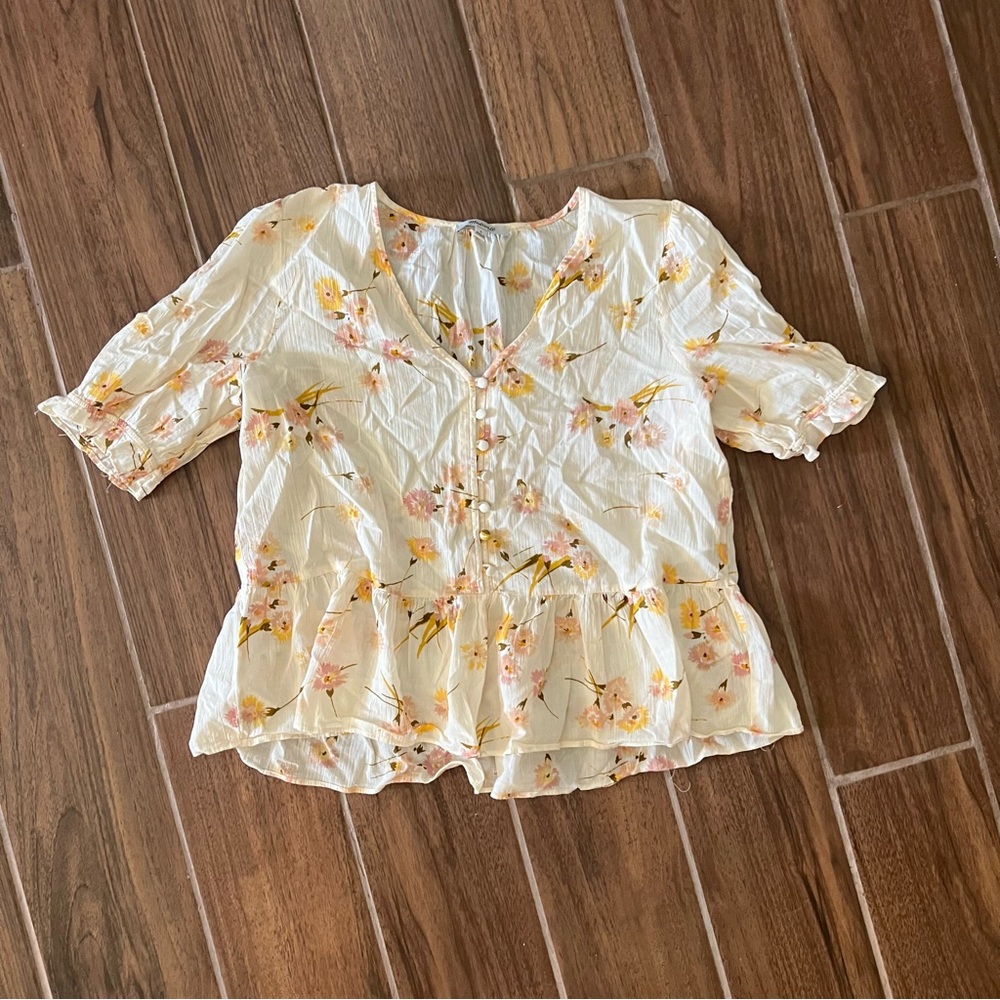 Madewell Cream Floral Peplum Blouse with Pink and Yellow Accents